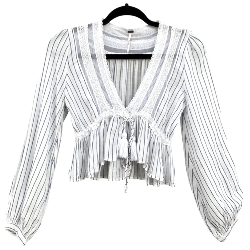Free People | Oberoi Hippie Plunging V Neck Lace Tassel Boho Sheer Peplum Top- M - Picture 3 of 9